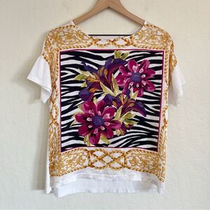 Chicos Silk Modal Floral Art To Wear Short Sleeve T-Shirt size 0 Small White